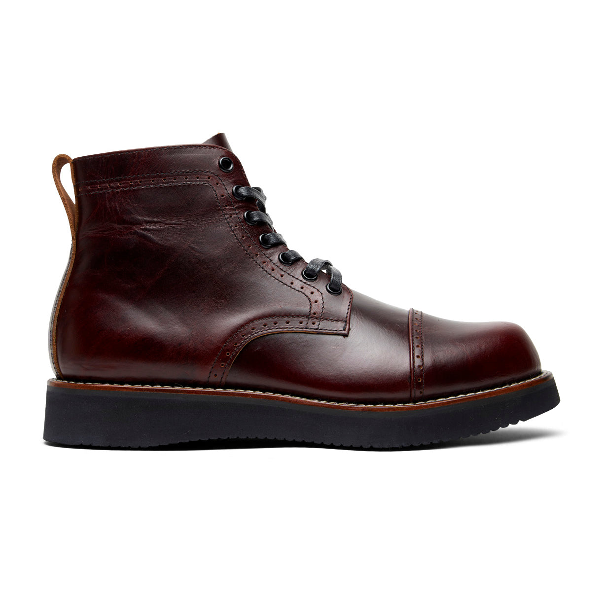 The Aaron men's burgundy leather boot from the Broken Homme collection is shown on a white background, featuring a cap toe silhouette.