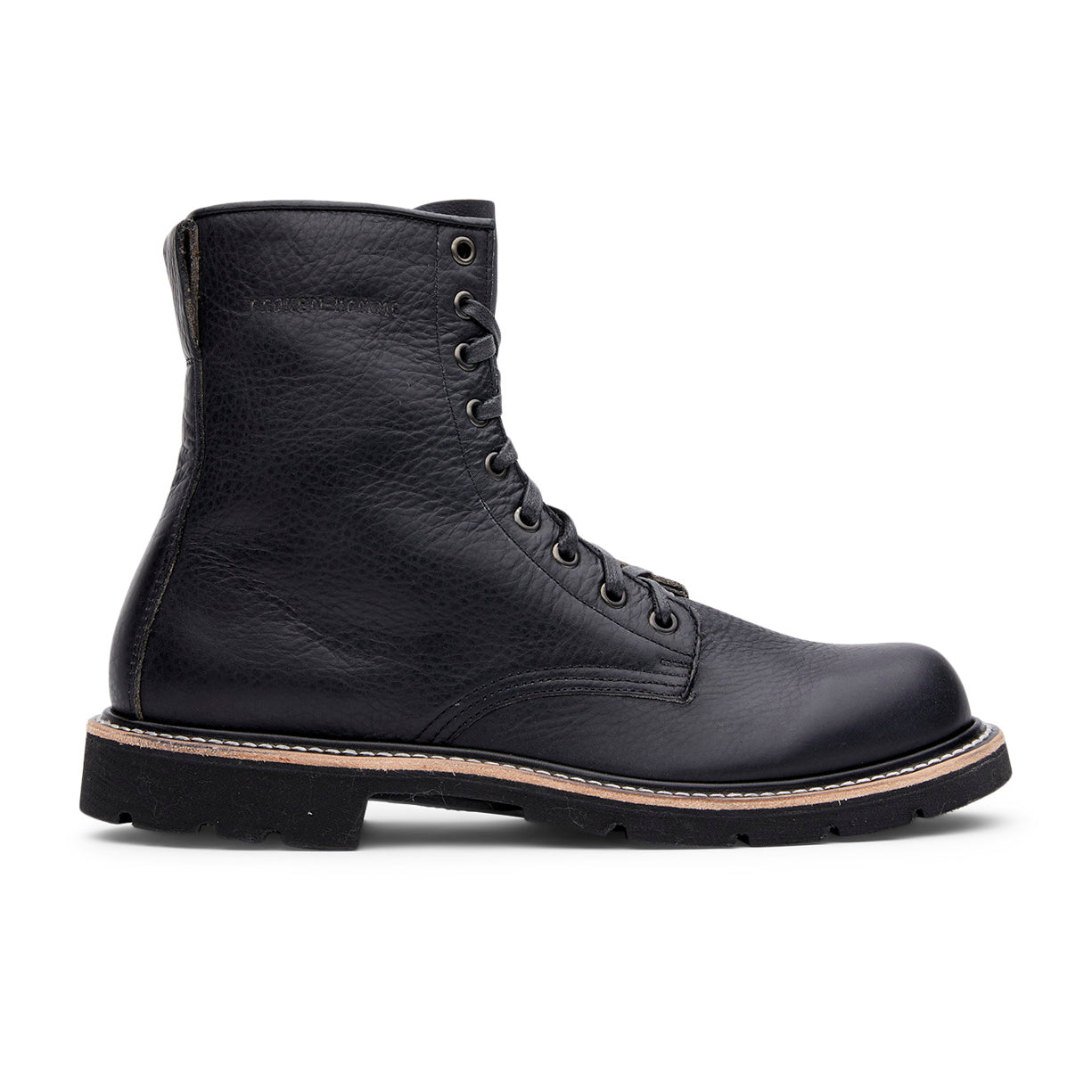 A black leather boot with a rubber sole, made with 360 full grain leather welt called Jacob by Broken Homme.