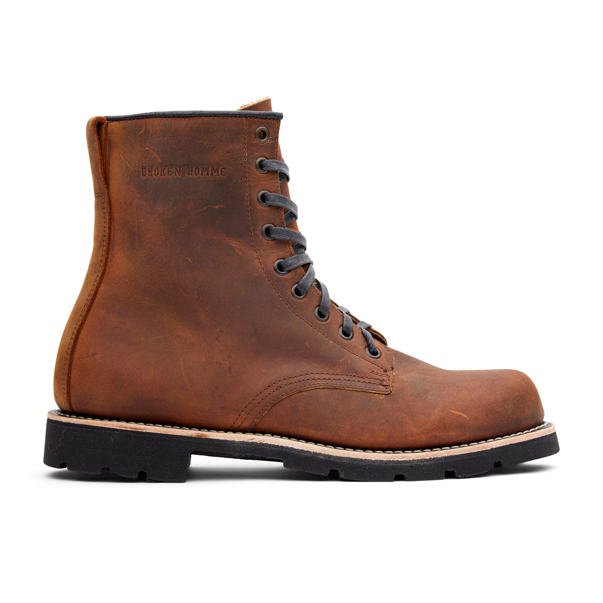 The Jacob men's brown leather boot, made with 360 full grain leather welt, is shown on a white background. (Broken Homme)