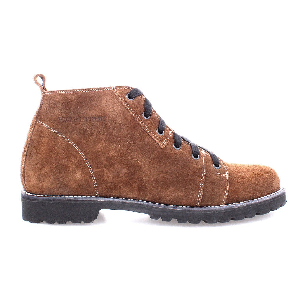 A men's brown suede cross over Parker Boot with Vibram Lug hiking outsole by Broken Homme.