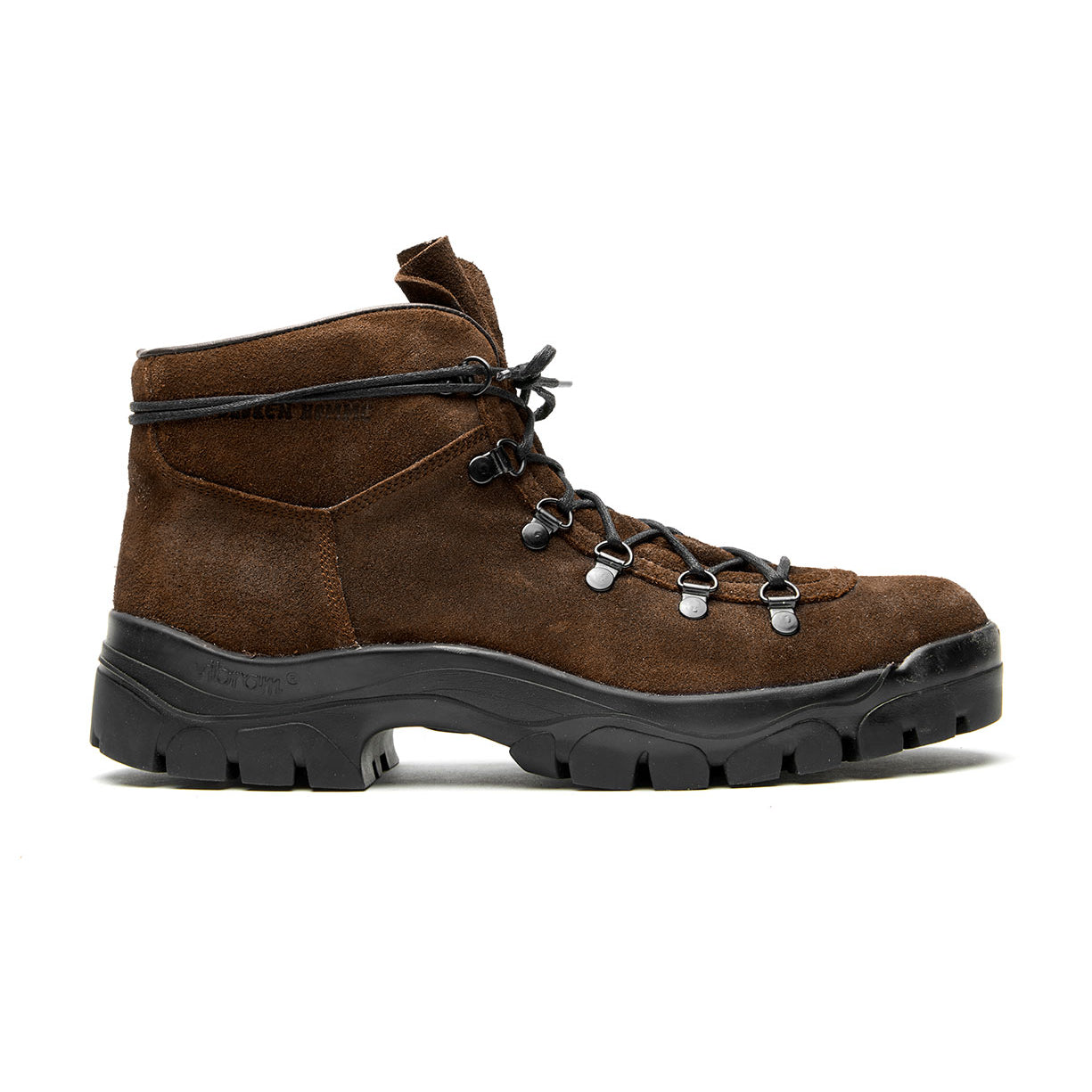 A Broken Homme Weber boot in a brown hiking silhouette on a white background.