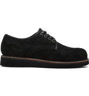 A men's black suede Oxford shoe featuring a Broken Homme Michael II Vibram wedge outsole for added comfort.
