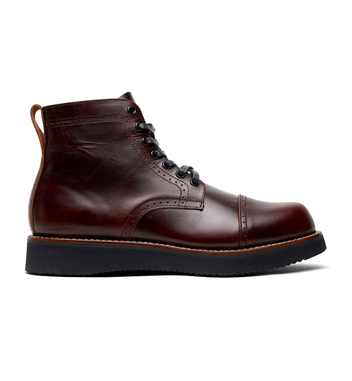 The Aaron men's burgundy leather boot from the Broken Homme collection is shown on a white background, featuring a cap toe silhouette.