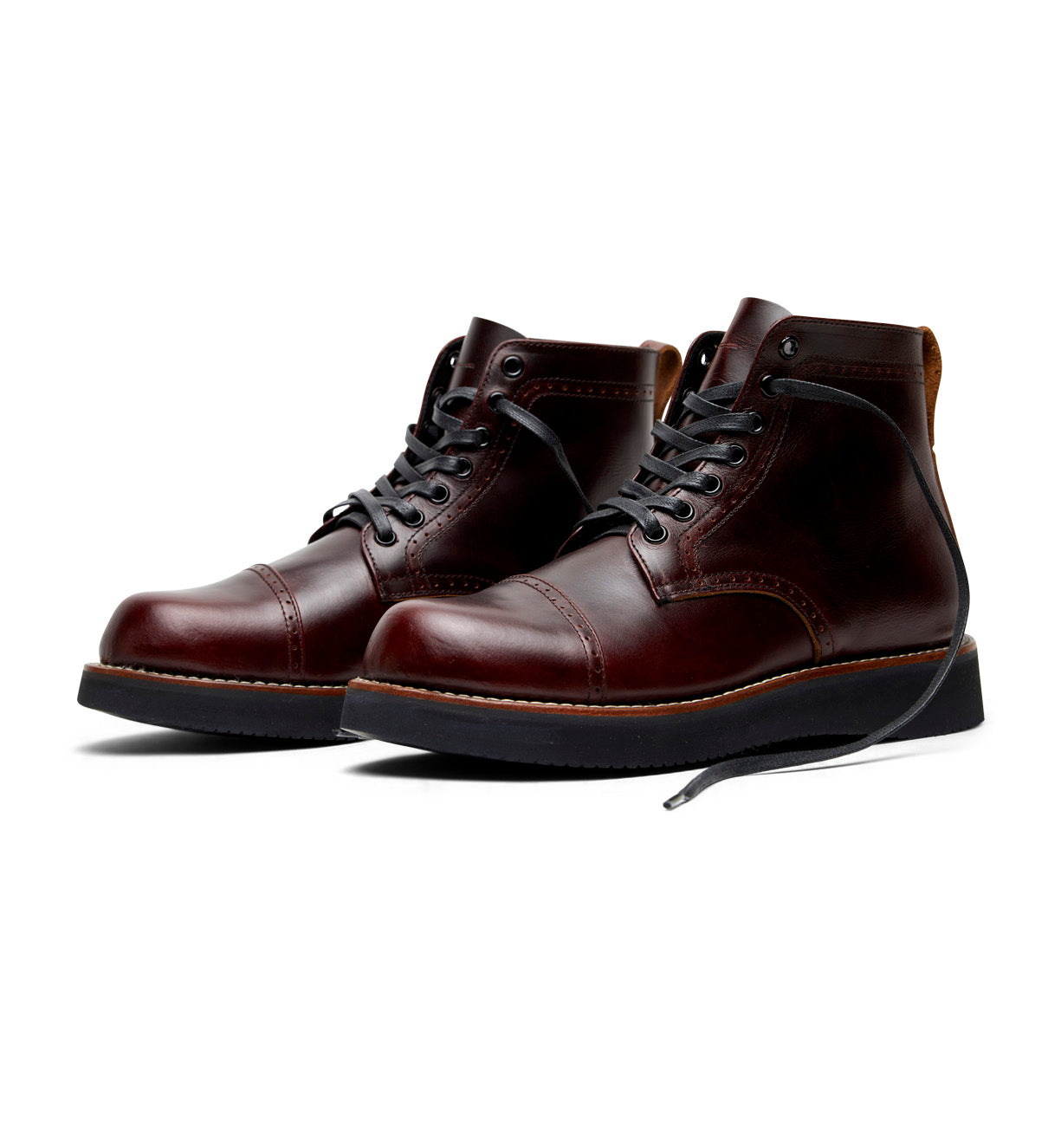 A pair of Aaron men's brown cap toe silhouette boots from the Broken Homme collection, showcased on a white background.