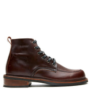 A men's Davis II brown leather work boot with a wooden sole by Broken Homme.