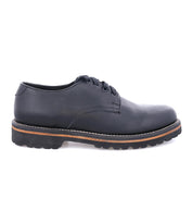 A classic Gavin Oxford men's black derby shoe with leather uppers and brown soles by Broken Homme.