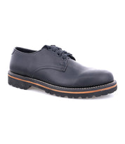 A classic men's Gavin Oxford black derby shoe with leather uppers and brown soles by Broken Homme.