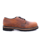 A men's Gavin Oxford shoe by Broken Homme, in classic brown leather, on a white background with leather uppers.