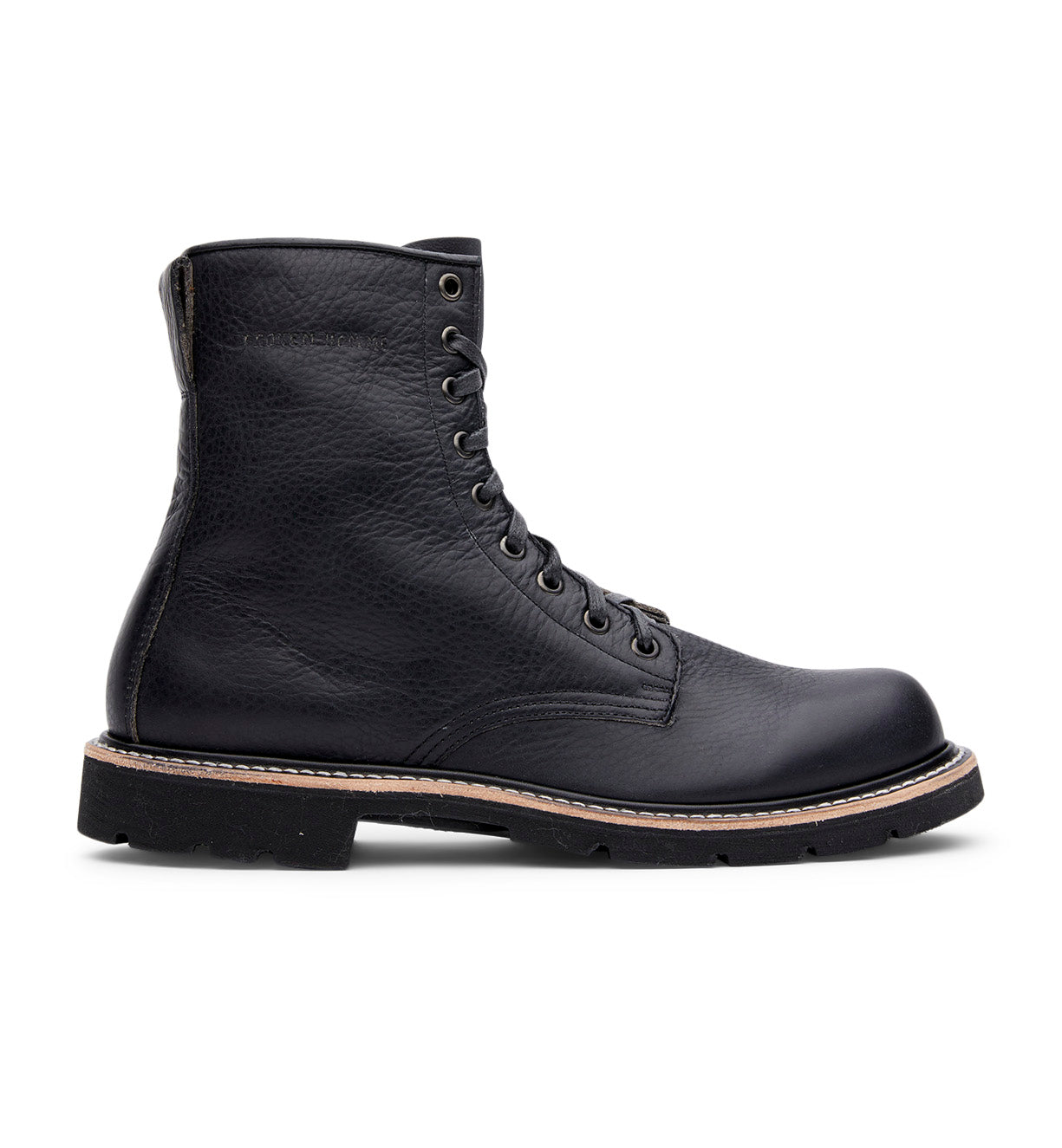 A black leather boot with a rubber sole, made with 360 full grain leather welt called Jacob by Broken Homme.