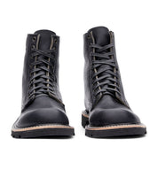 A pair of Jacob black leather boots with laces, made with 360 full grain leather welt by Broken Homme