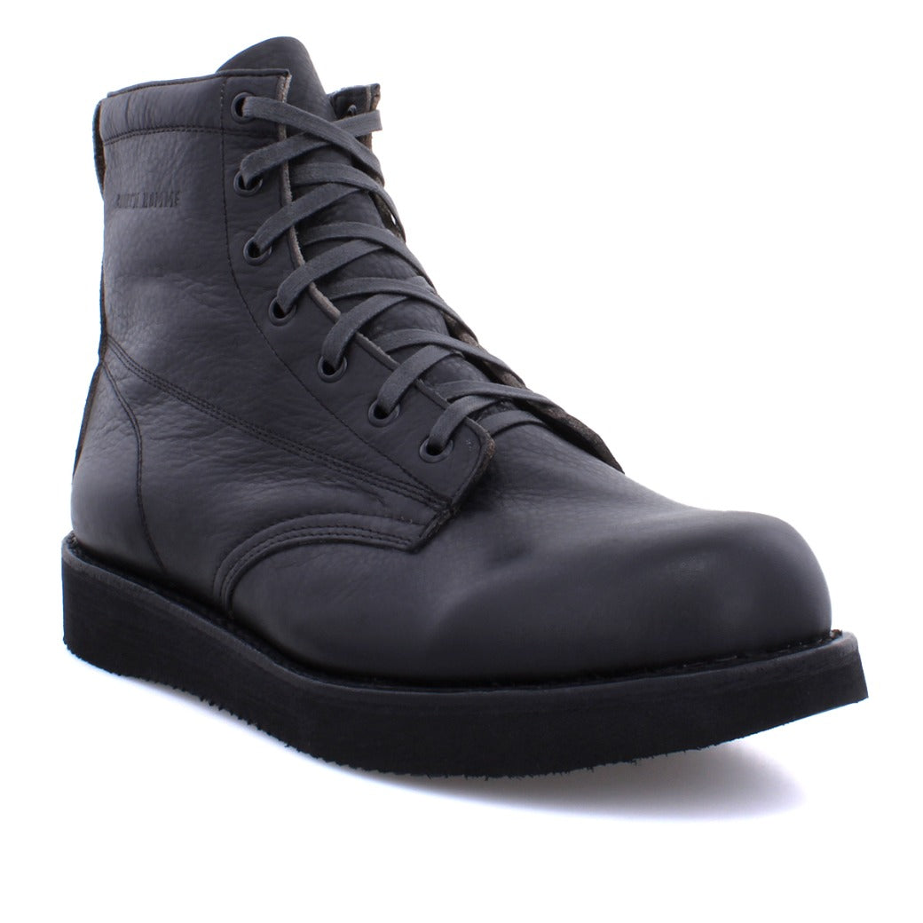A men's black leather James Boot Wide from the Broken Homme Signature boots collection, featuring laces.