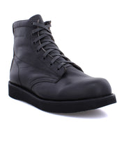 A men's black leather James Boot Wide from the Broken Homme Signature boots collection, featuring laces.