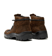 A pair of brown Broken Homme Weber boots with a crossover boot design on a white background.