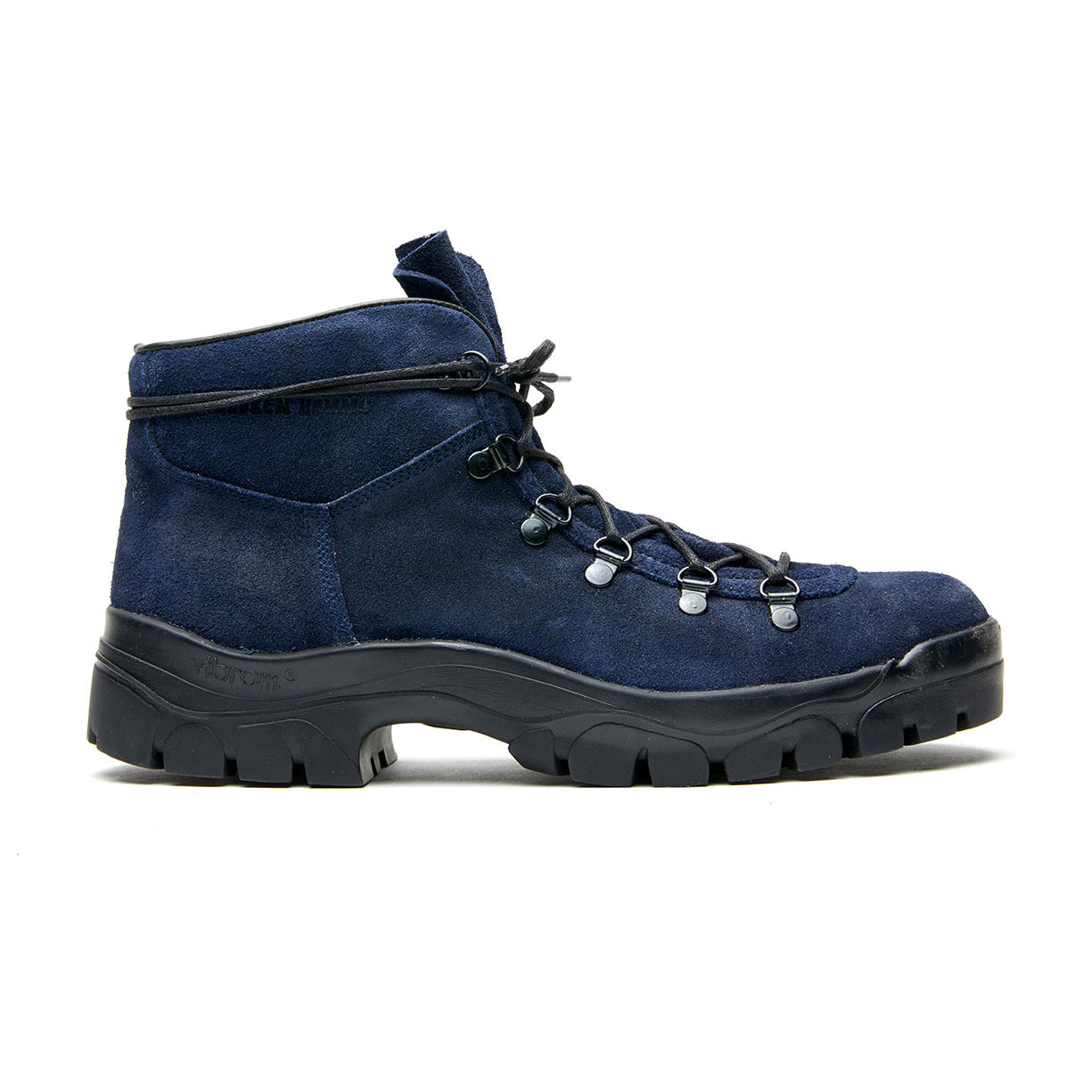A Broken Homme Weber blue suede crossover boot on a white background.
