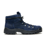 A Broken Homme Weber blue suede crossover boot on a white background.